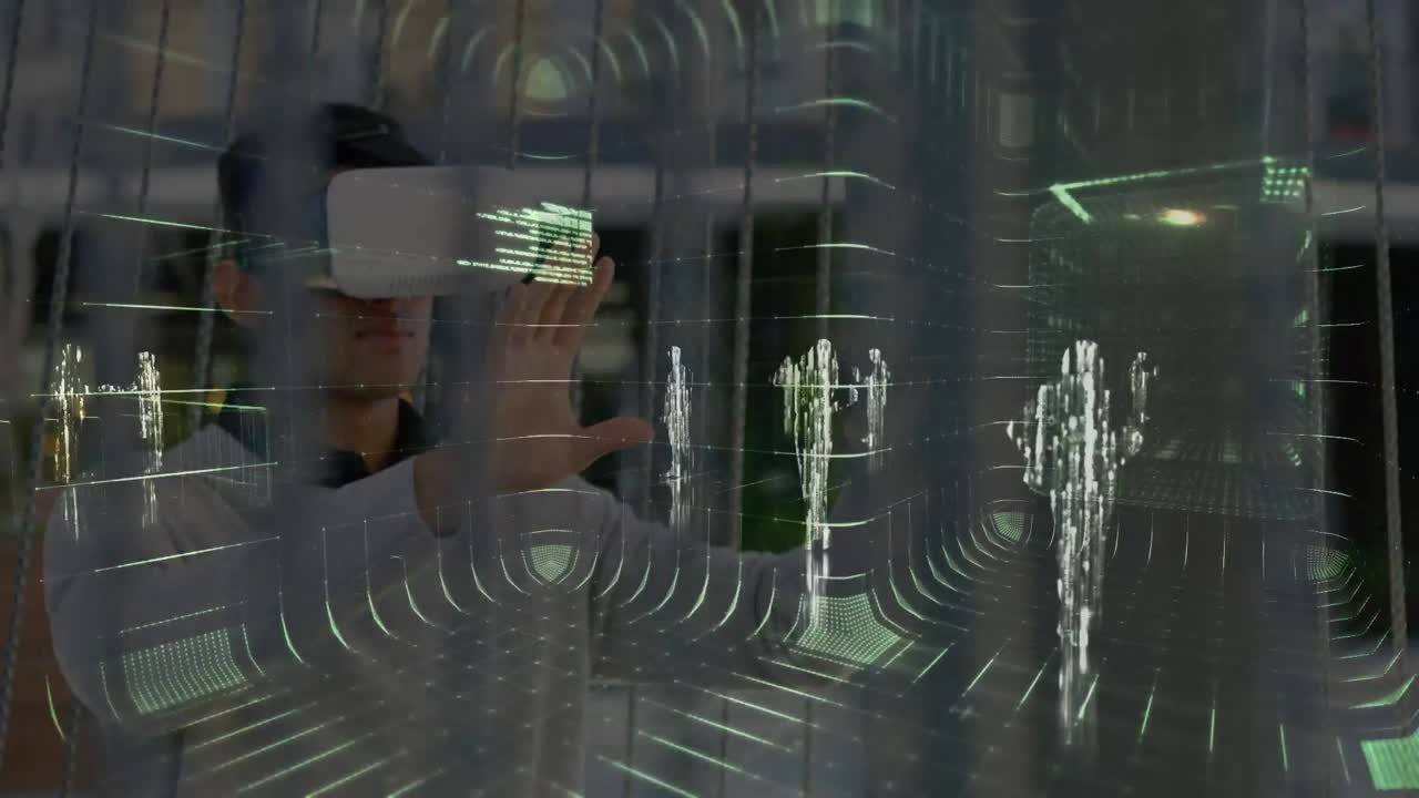 animazione dell'elaborazione dei dati sull'uomo che indossa l'auricolare