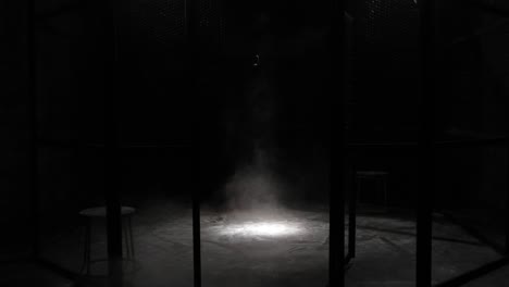 white smoke projection in a metal grilles cage, circular mma boxing ring, in a dark studio with a spotlight or light shower. show with vintage microphone. tracking out. smoke coming from the ground.