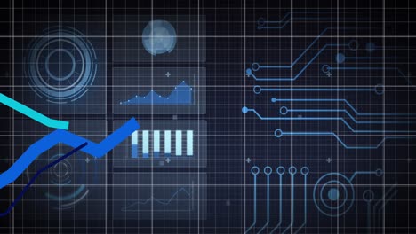 Animation-of-blue-line-over-scopes-scanning-and-data-processing-on-grid