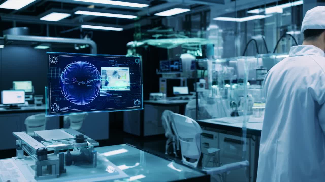 High-angle shot of scientists in a futuristic lab, examining holographic data