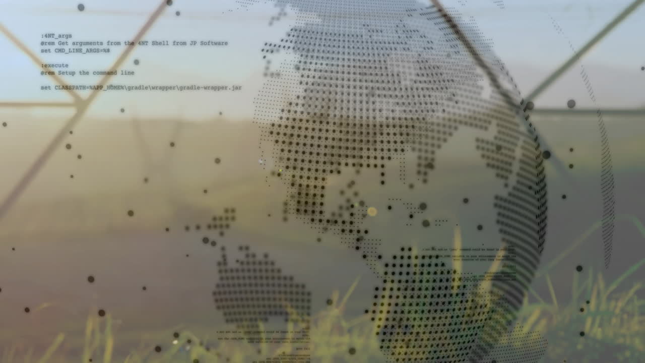 dotted globe overlay floating over grassy wind farm, combining code snippets with clean energy