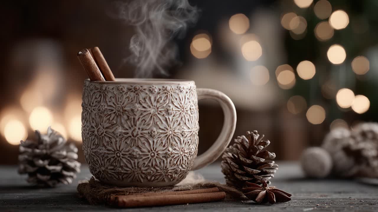 Warm and Inviting Holiday Mug with Cinnamon Sticks and Pine Cones, Surrounded by a Cozy Fireplace and Soft Bokeh Lights in the Background