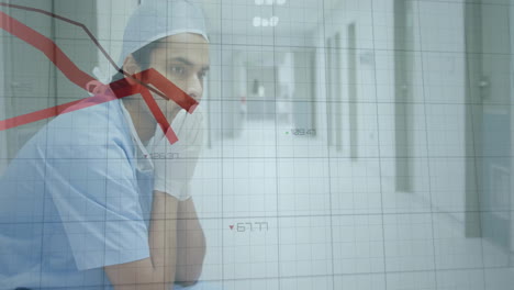 animation of data processing and diagrams over caucasian male doctor covering face