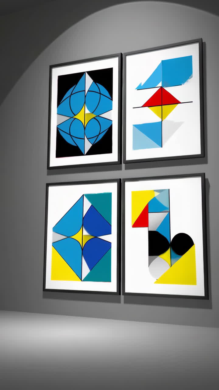 A collection of abstract geometric art pieces displayed on a wall
