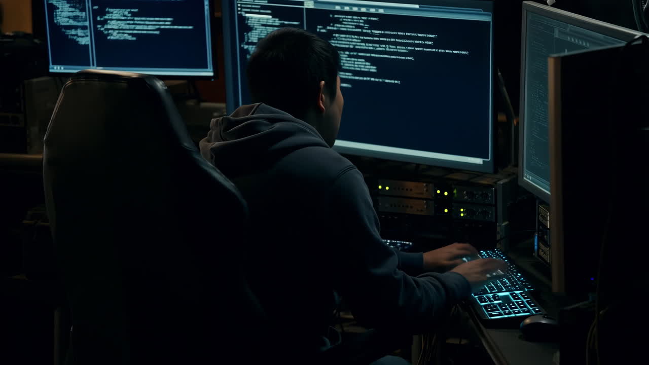 Person typing on a computer with multiple screens displaying code in a dark room