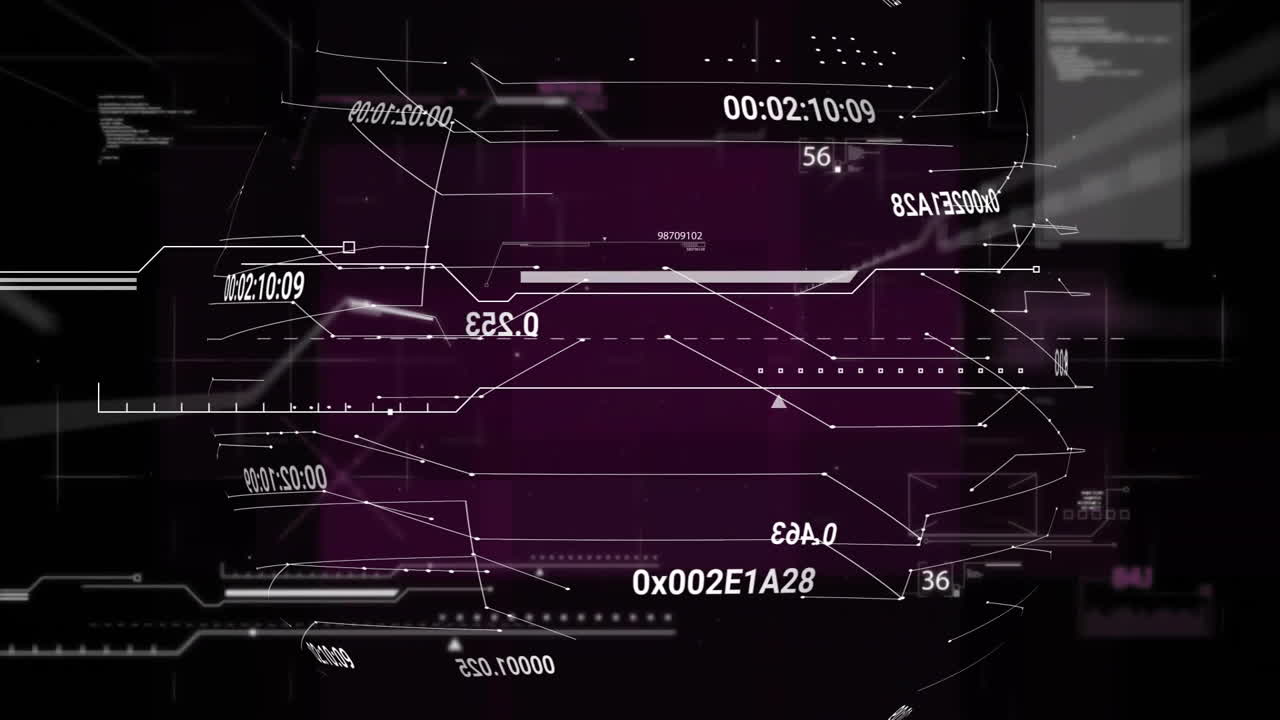 Digital data processing animation with numbers and codes on dark background