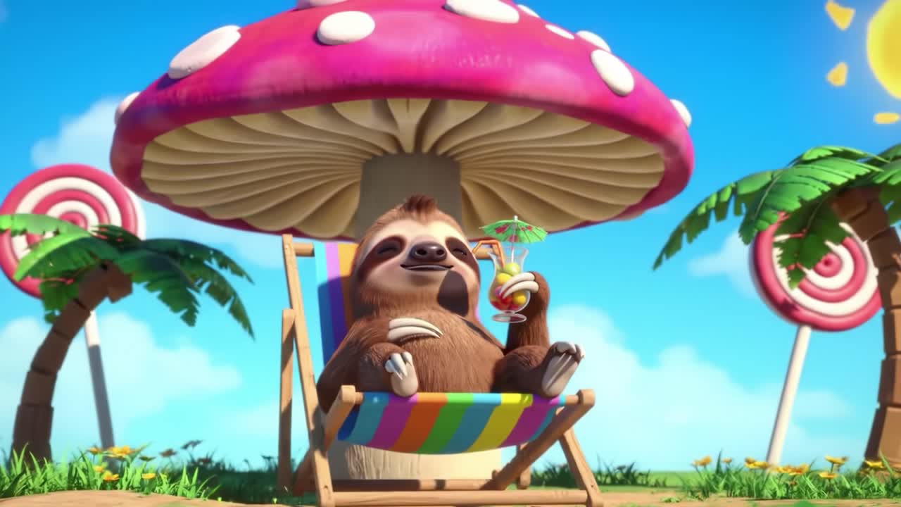 A relaxed sloth enjoys a tropical vacation under a vibrant mushroom while sipping a refreshing drink in a picturesque setting filled with palm trees and sunny skies