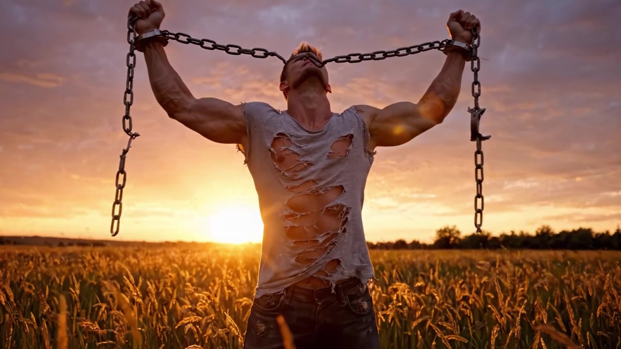Un individuo resiliente che supera le avversità al tramonto: un potente simbolo di forza e determinazione con catene in un campo dorato