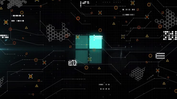 Digital data processing animation with geometric shapes and network connections