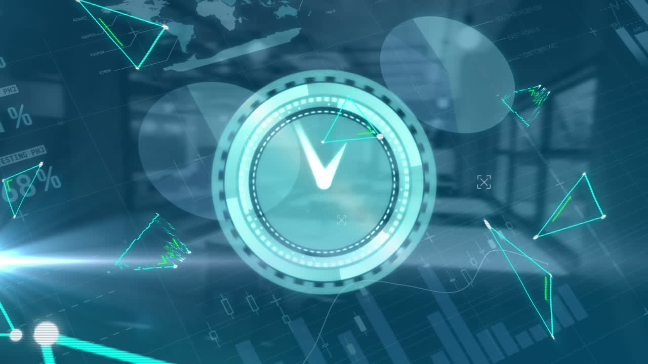 Animation of network of connectionss with clock and data processing over empty office