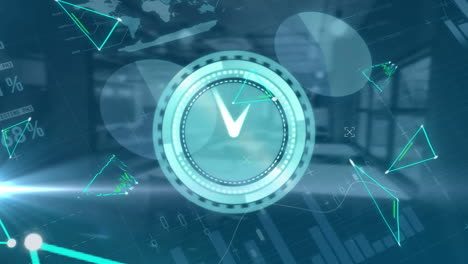 animación de la red de conexiones con reloj y procesamiento de datos en una oficina vacía