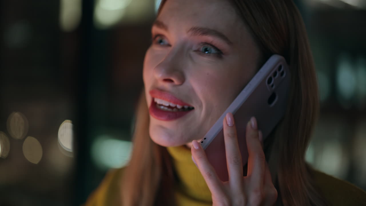 Portrait businesswoman calling evening office discussing work. Woman talking