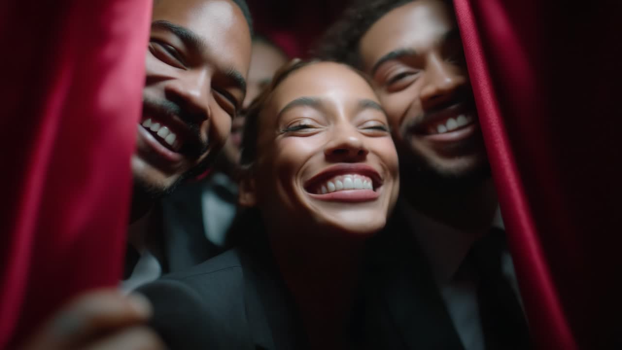 Joyful Moments Captured Behind the Curtain: Friends Sharing Laughter and Smiles in a Cozy, Intimate Setting, Celebrating Life's Happy Times Together in Their Elegant Attire