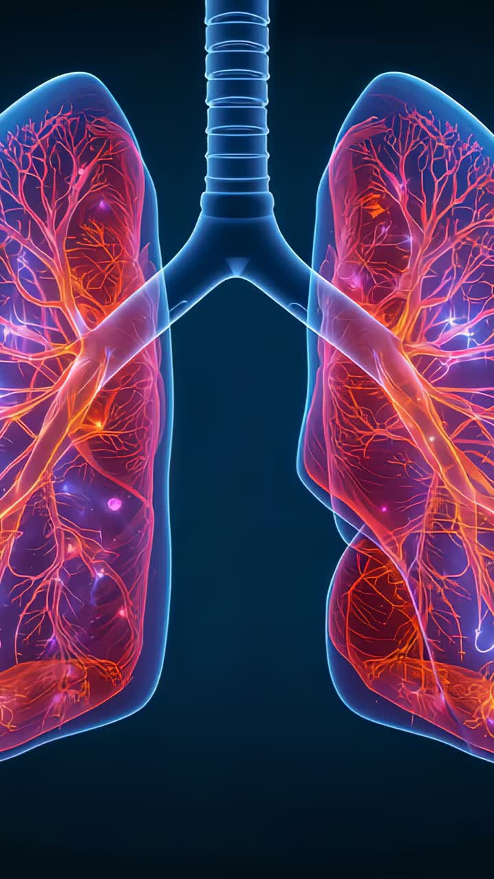 Video verticale: animazione di trachea e polmoni in blu all'inizio, vasi bronchiali pulsanti per mostrare il flusso