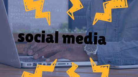 animation of social media text banner over mid section of businessman using laptop at office