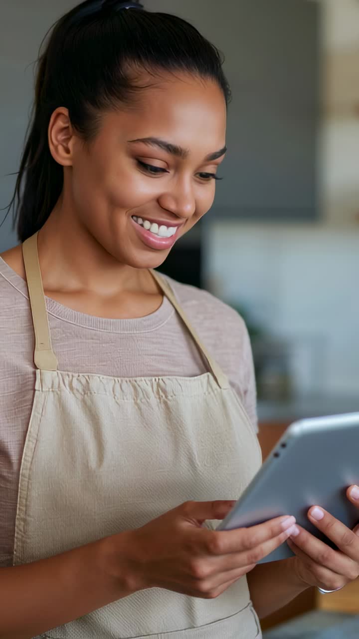 Vertical video: Reading woman tapping tablet and confirming details in kitchen, in beige apron
