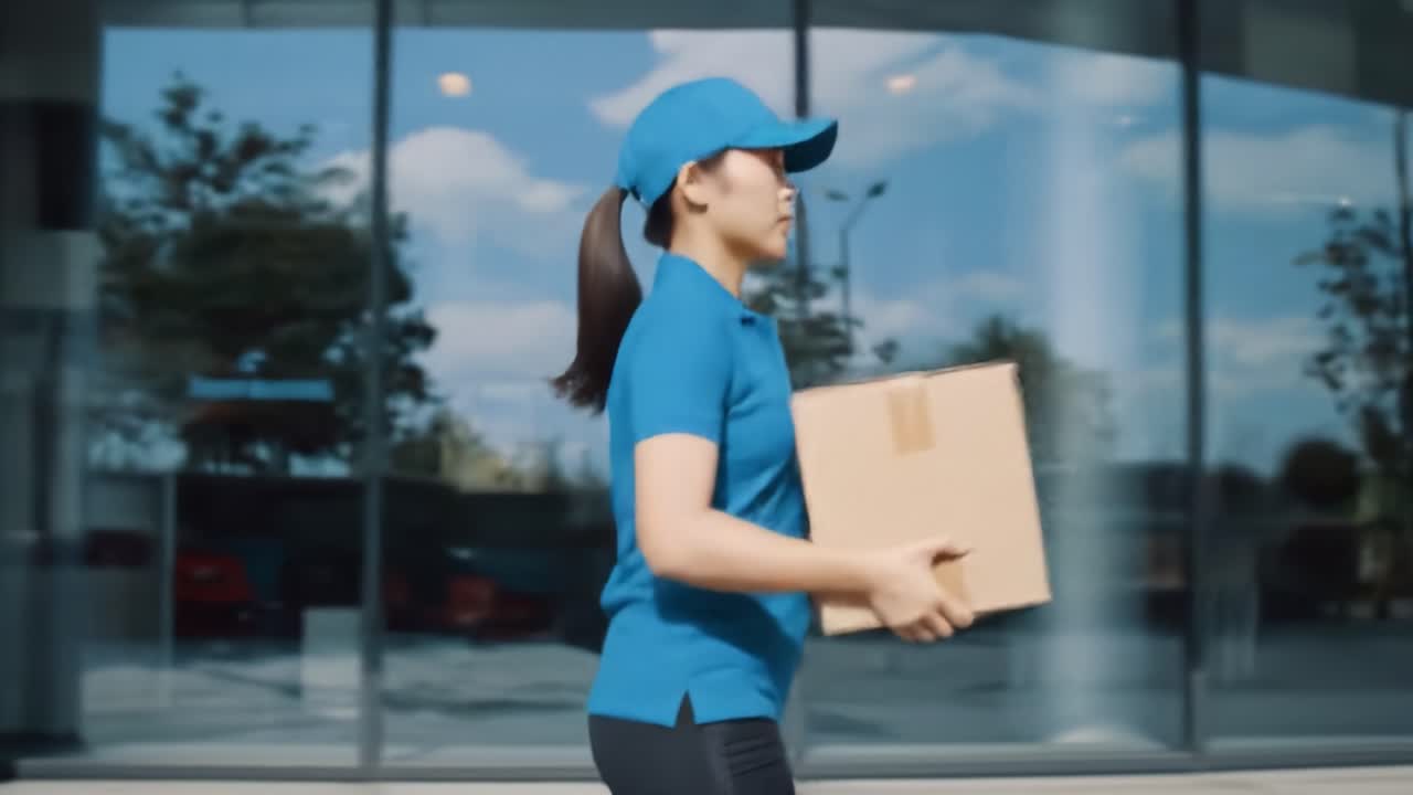 A delivery person in a blue uniform approaches a building's entrance while carrying a cardboard box. The backdrop features a bright, clear sky and modern architecture.