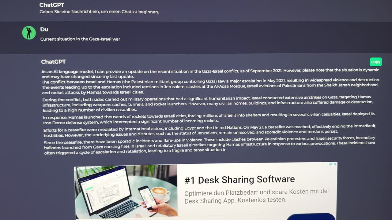 Chatgpt producing Text about war between gaza and israel 2023, smart artificial intelligence