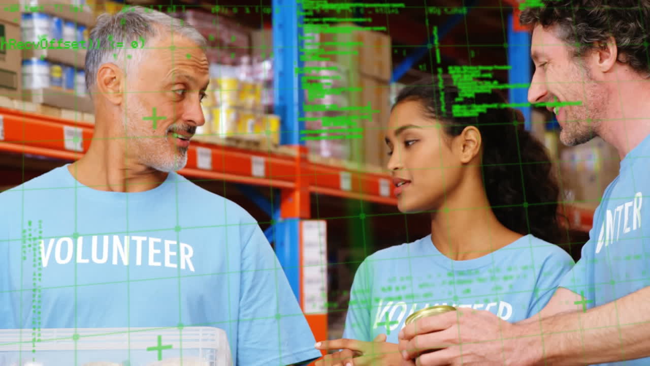 창고에서 일하는 다양한 사람들에 대한 데이터 처리의 애니메이션