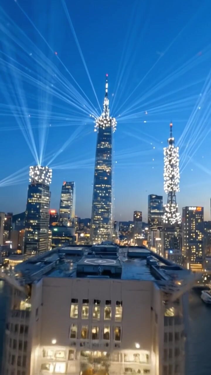 Skyline Illuminato: Una vista serale mozzafiato di imponenti grattacieli e luci radiose su uno sfondo crepuscolare in un paesaggio urbano.
