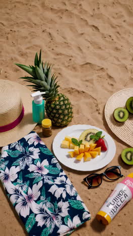 tropical fruit and beach essentials on sand
