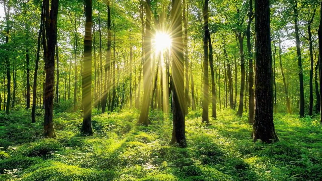 Sunlight Streaming Through Trees in a Lush Green Forest