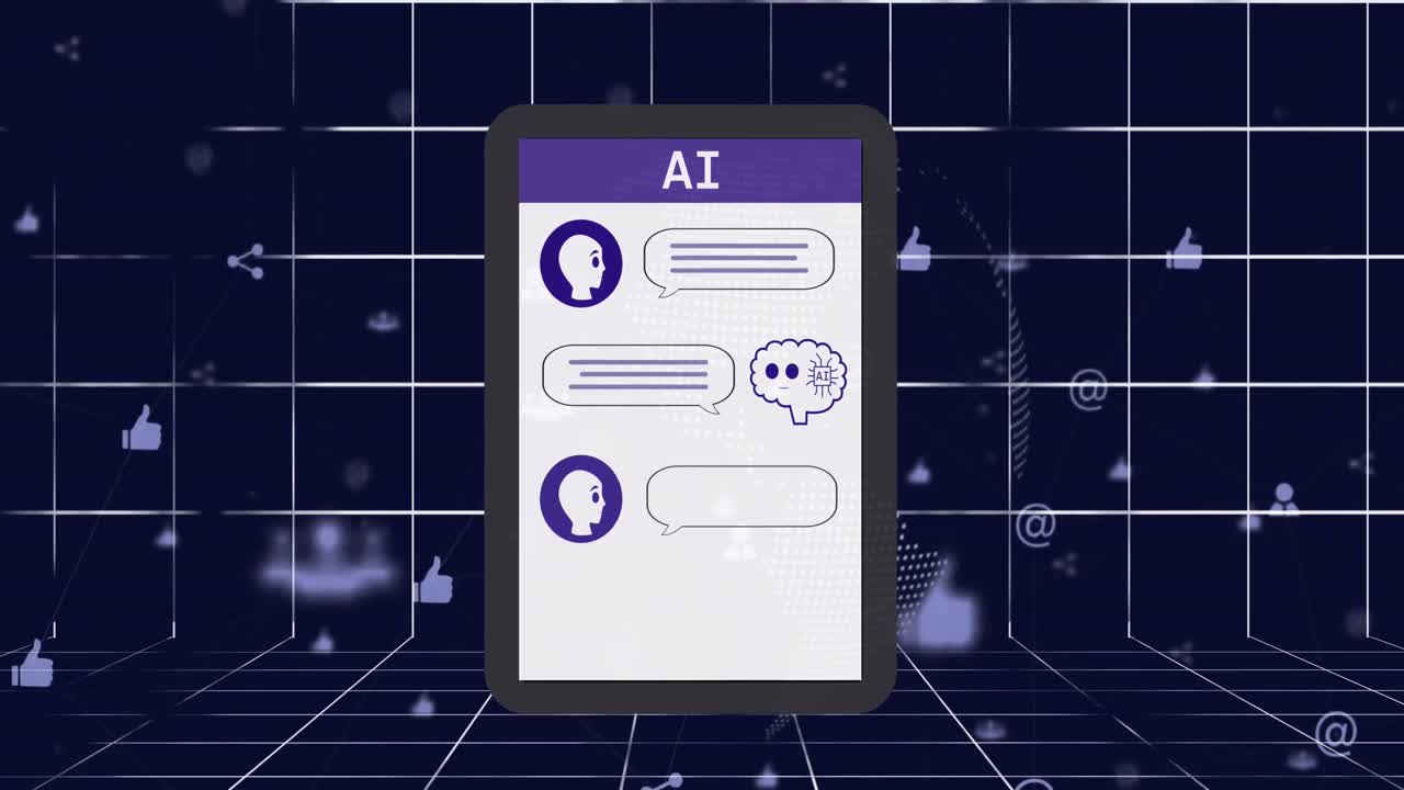Animation of ai chat and data processing over tablet screen and grid
