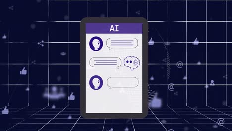 animación de chat artificial y procesamiento de datos en la pantalla de la tableta y la cuadrícula