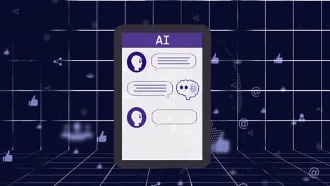 animation of ai chat and data processing over tablet screen and grid