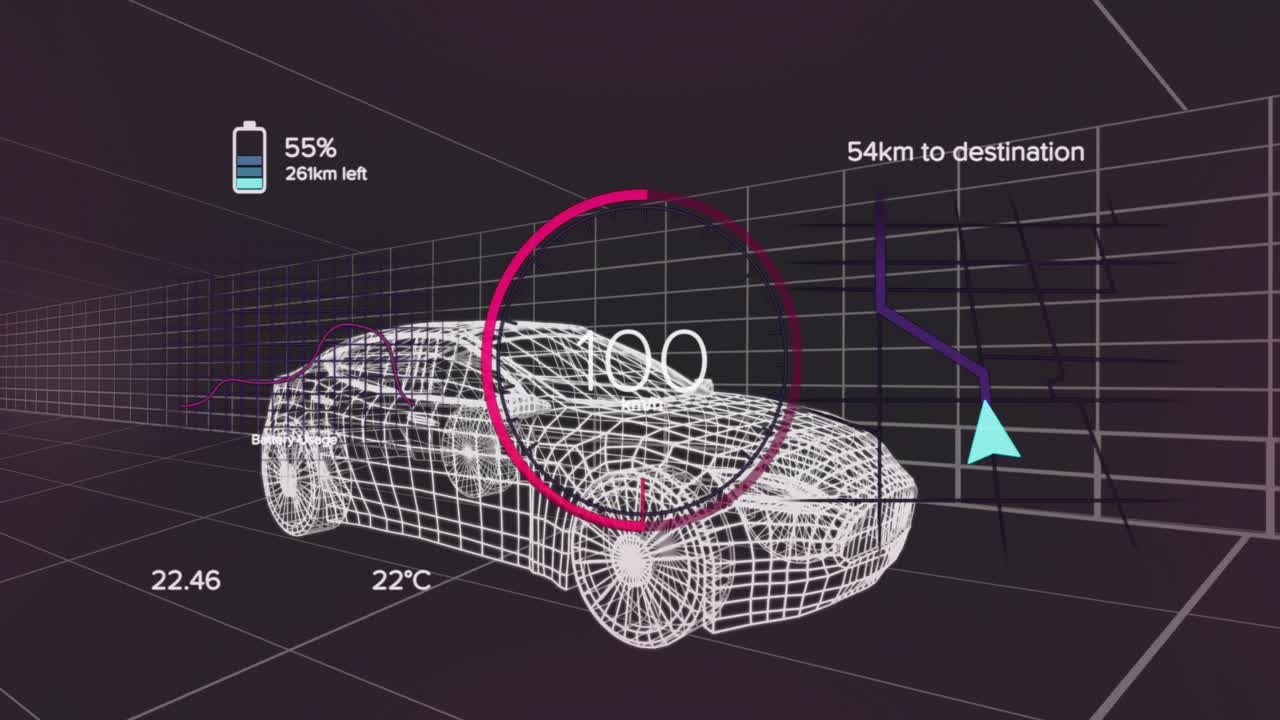 On start magenta ring rotating and updating numbers over wireframe car, showing charge and route