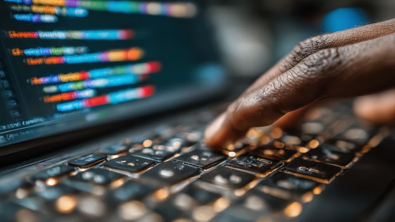An In-Depth Look at Coding: Focused Hand on Keyboard with Colorful Code on Screen Illustrating the World of Programming and Software Development