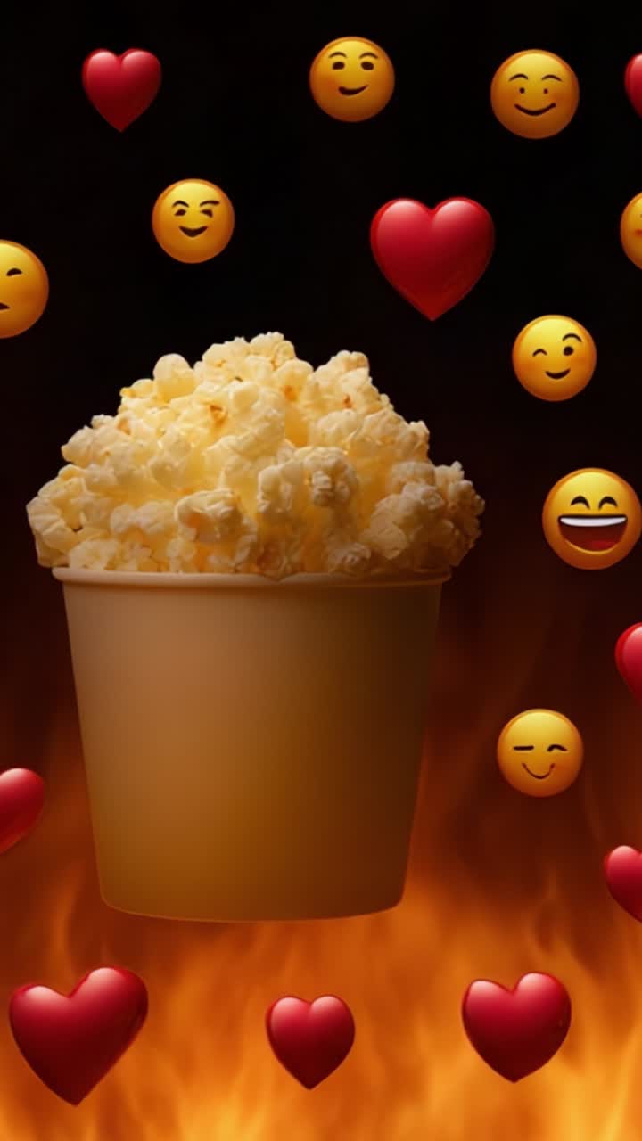 Una divertente e fantasiosa esposizione di popcorn circondata da emoticon e cuori, creando un'atmosfera giocosa di gioia e celebrazione su uno sfondo infuocato
