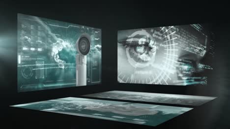 animación de pantallas con el ojo humano y cámara de cctv con procesamiento de datos y mapa del mundo