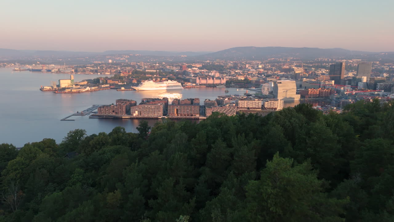 Aerial establisher view from Ekebergparken over Oslo harbour, Bjorvika, Norway