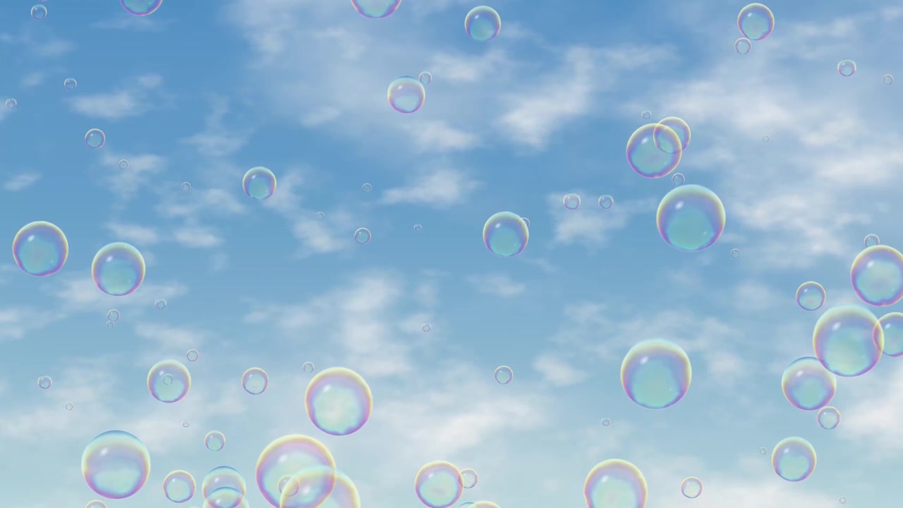Soap bubbles float upwards against a drifting blue sky with soft white clouds, looped.