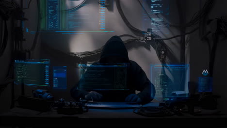 hacker working with multiple holographic screens