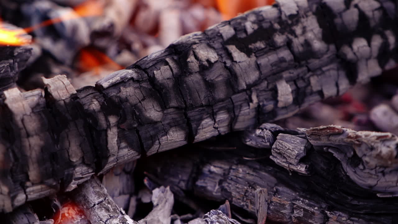 Bonfire in summer. Burning logs in orange flames. Selective focus. Slow motion video.