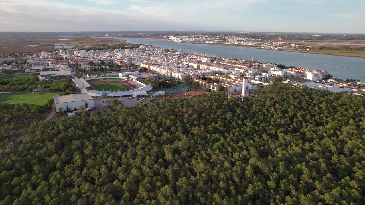 faro de la ciudad al lado del parque forestal verde vista aérea