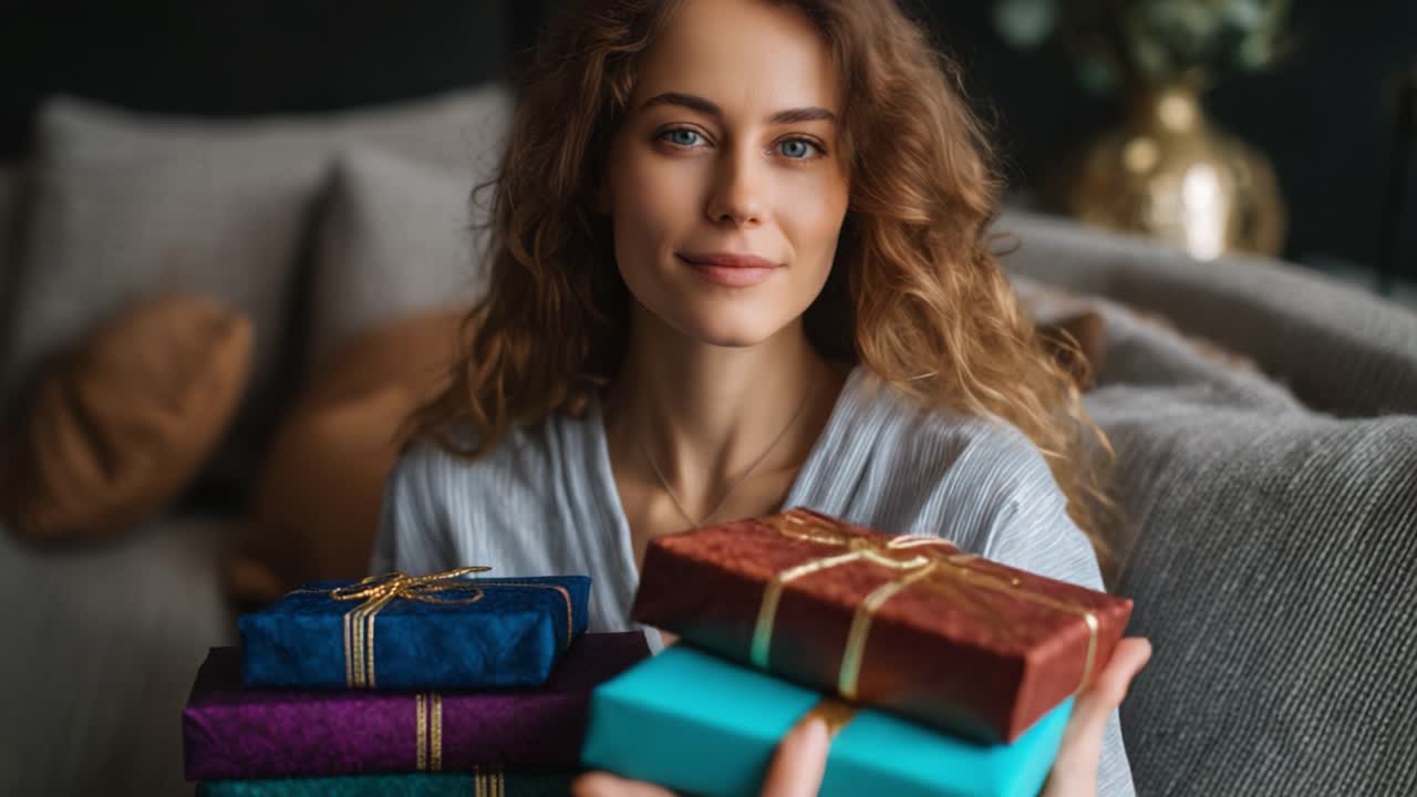Una giovane donna con bellissimi capelli ricci che tiene in mano regali colorati incartati in un accogliente salotto circondata da tessuti morbidi e arredi eleganti