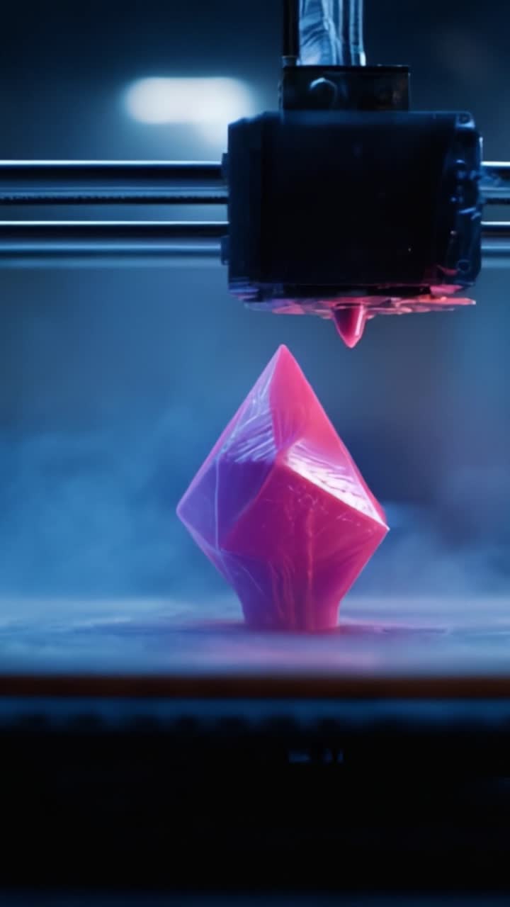 Captivating Close-up of a 3D Printer Creating a Stunning Pink Diamond-shaped Object with Intricate Details and an Enchanting Misty Background