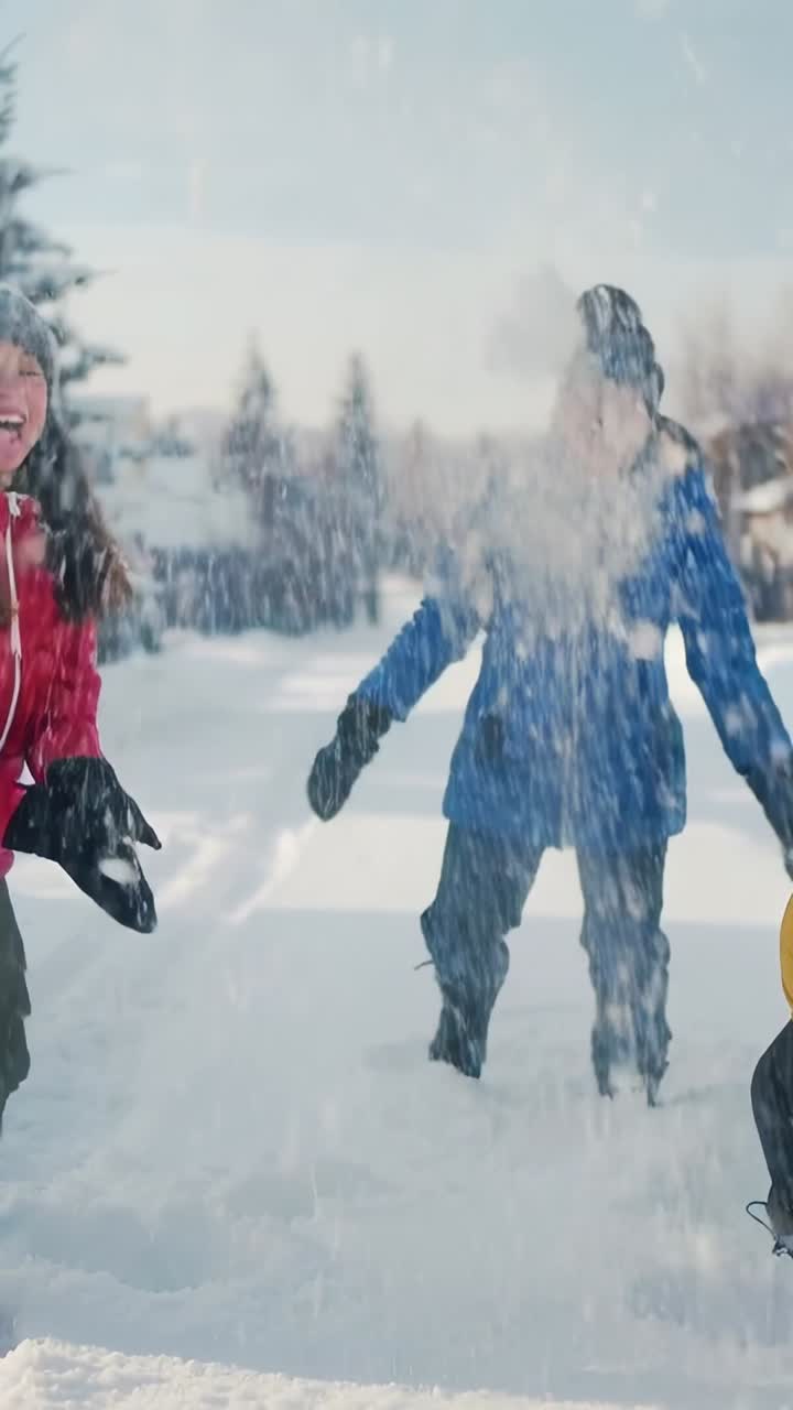Vertical video: Scooping and tossing fresh snowballs, family in coats playing on residential street