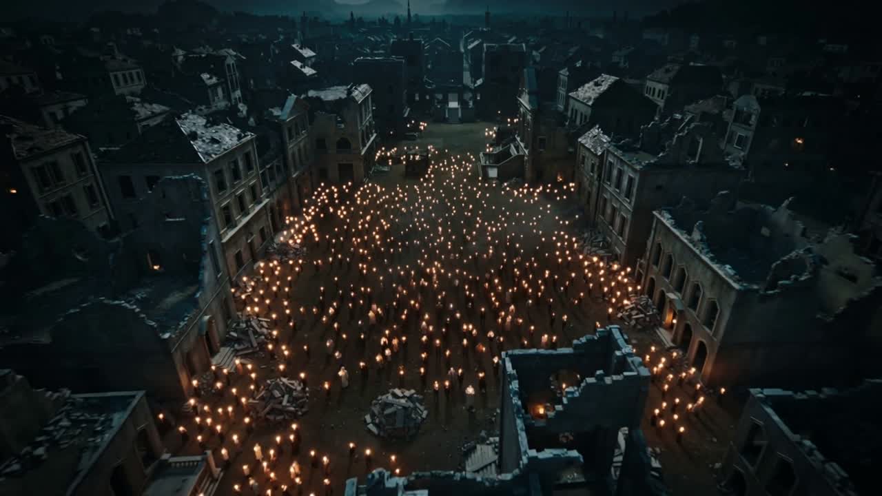 Folla illuminata da torce con cappotti scuri che avanza attraverso una piazza cittadina in rovina, tenendo torce in mezzo alla nebbia.