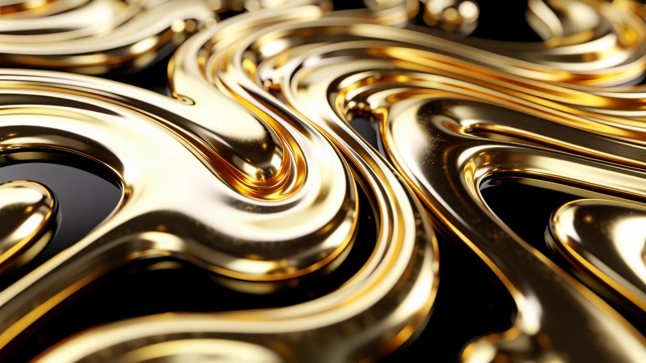 Una delicata panoramica della telecamera rivela una superficie liquida dorata lucida che si trasforma in macro in studio, formando rigonfiamenti.