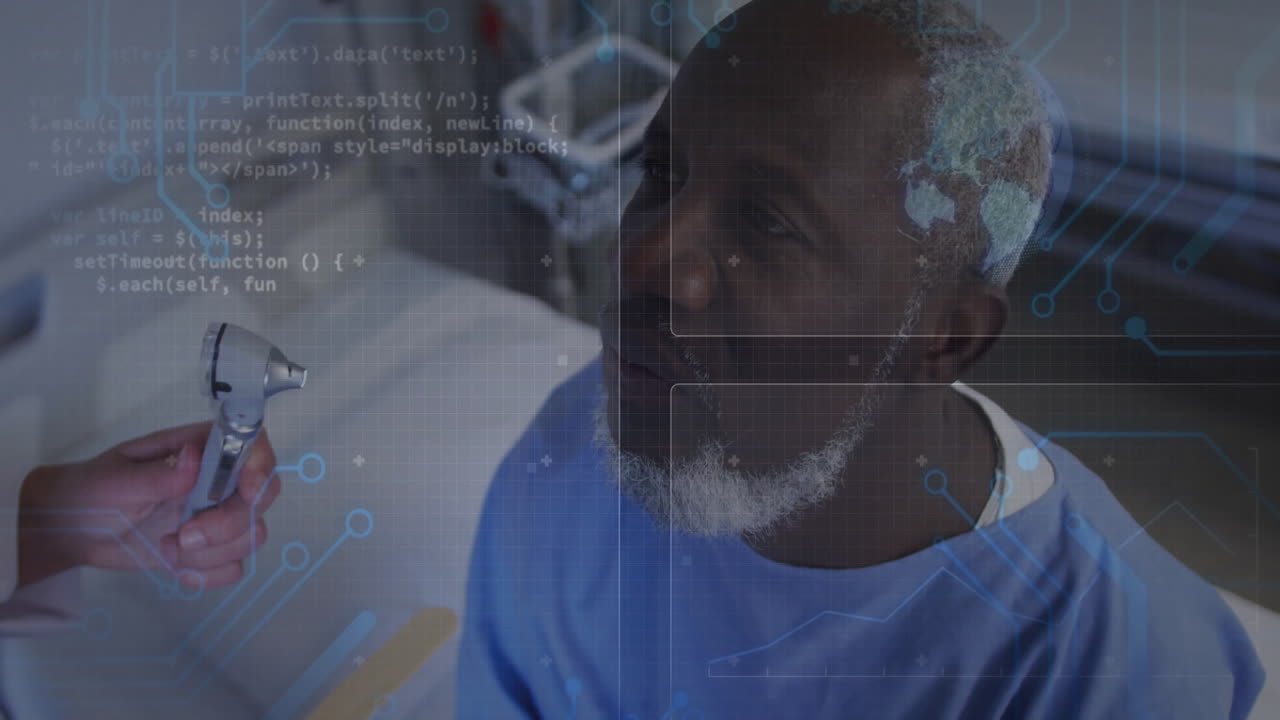 Doctor examining patient with otoscope in medical clinic, showing animated health chart overlay