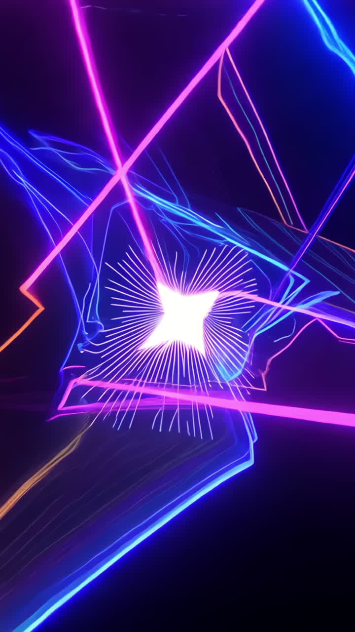 A colorful light show with purple and blue lights is projected onto a dark background, creating a tunnel-like effect. The lights are arranged in a way that they appear to be moving and swirling