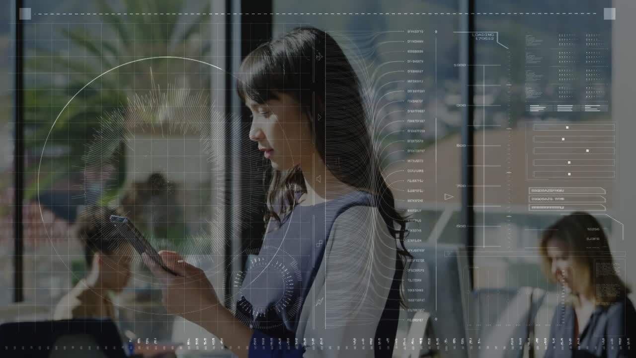 Using smartphone, woman with digital data animation overlay in school setting