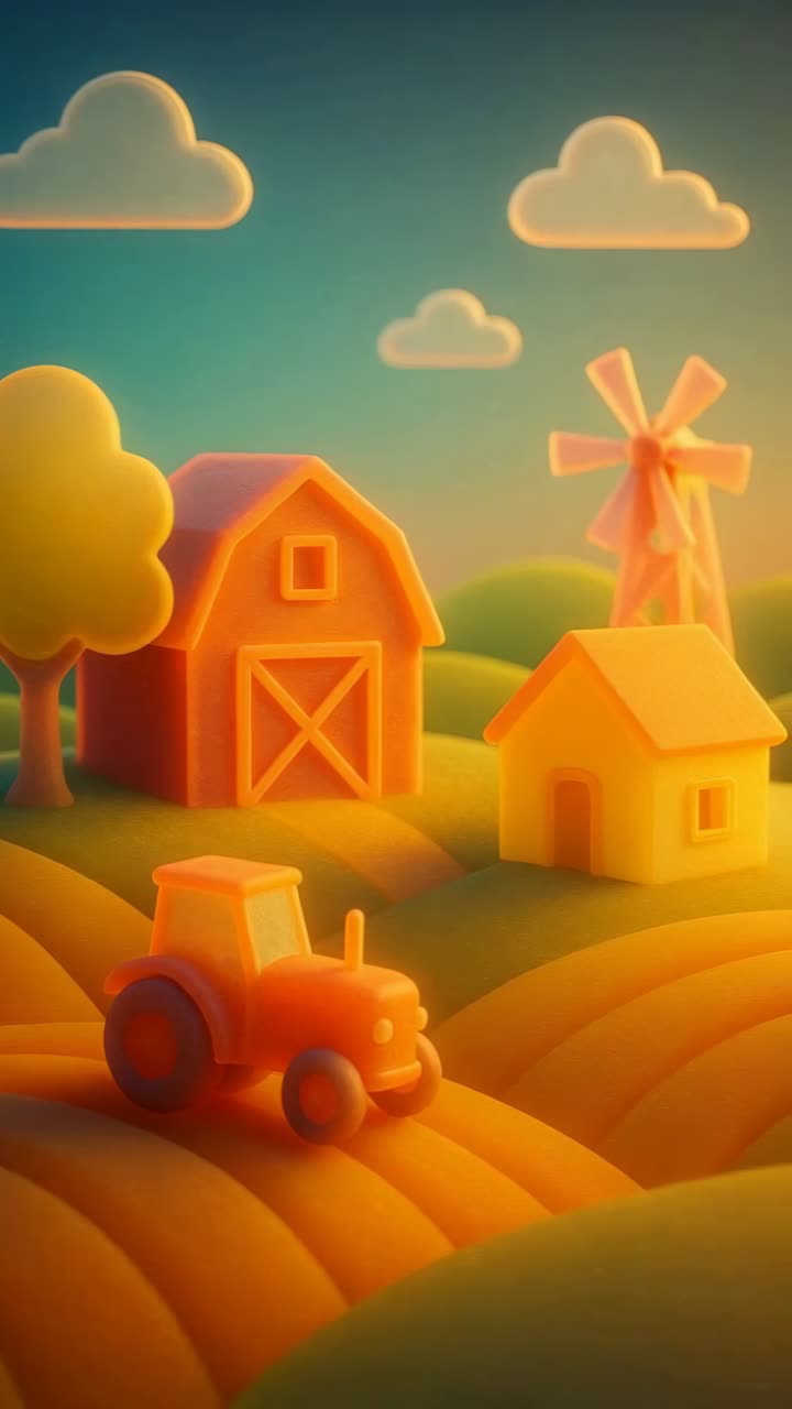 Sfondo animato per cellulare grazioso. Scena di una fattoria stravagante dai colori pastello tenui, con un fienile e un mulino a vento