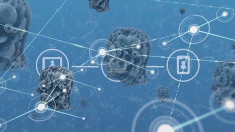 animation of network of connections over mechanical human heads