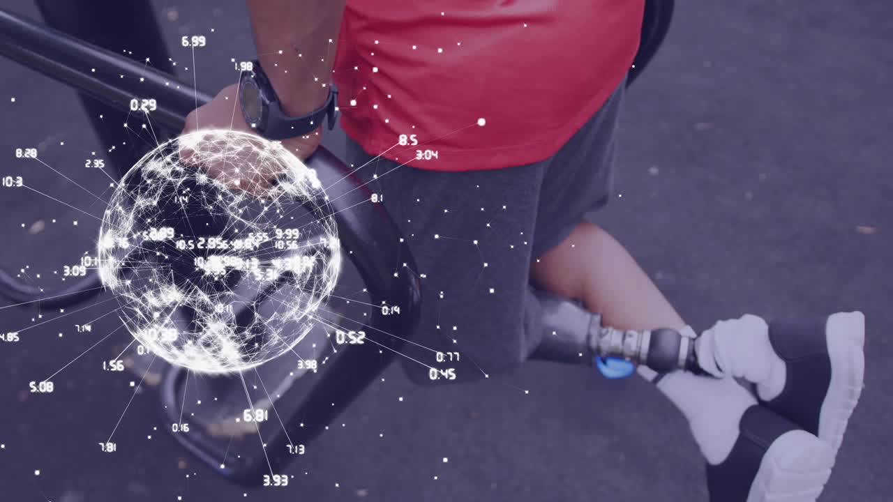 animación de la red global y procesamiento de datos sobre atletas masculinos con prótesis de pierna haciendo ejercicio