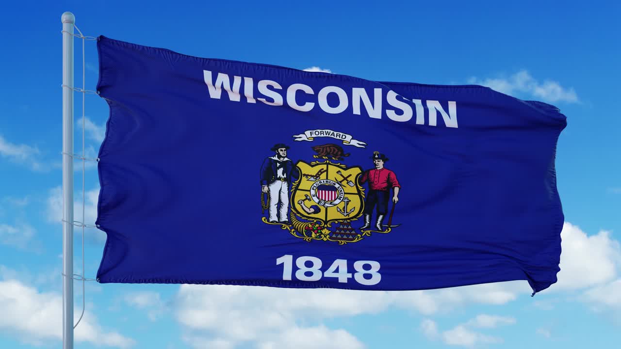 Wisconsin flag on a flagpole waving in the wind, blue sky background. 4K